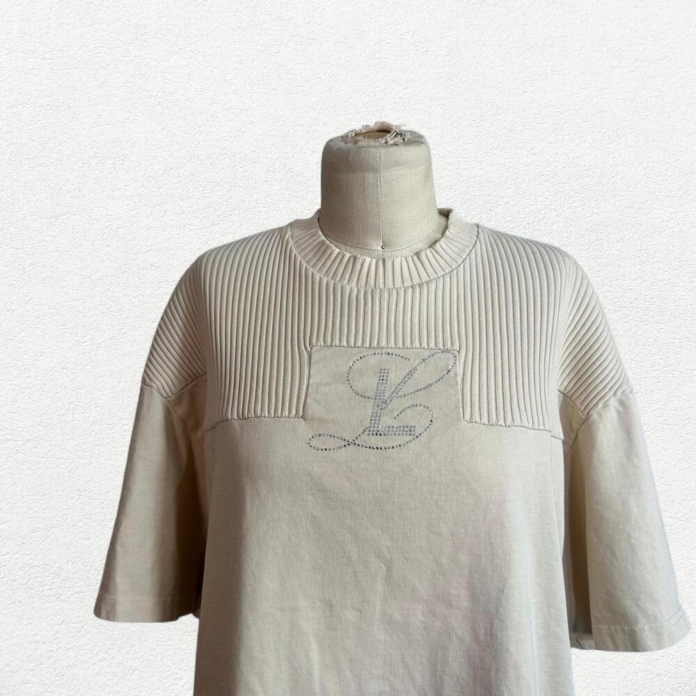 Luar Bedazzled Rhinestone L Short Sleeve Shirt in Cream